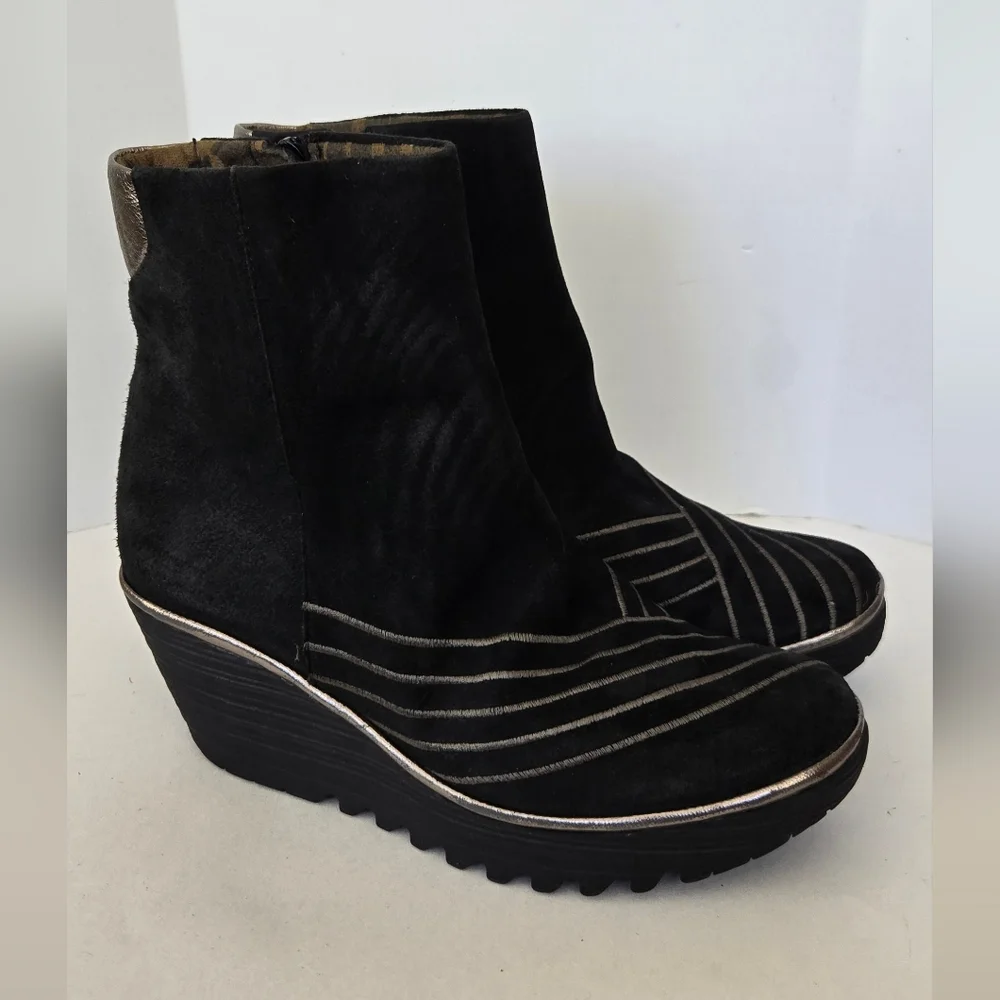 Fly London Yave Black Suede Leather Wedge Chelsea Ankle Boots